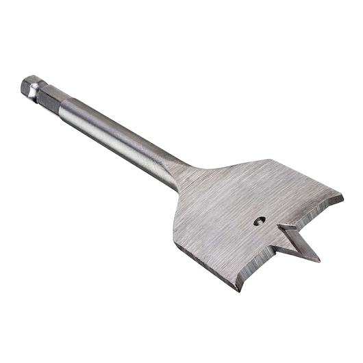 A DEWALT flat wood drill bit with a pointed tip and hexagonal shank, photographed on a white background.