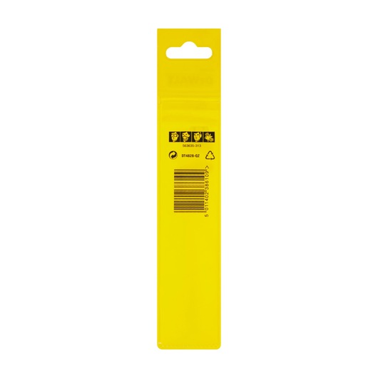 Back of a yellow DEWALT DT4828 package with barcode and safety icons, vertical orientation.
