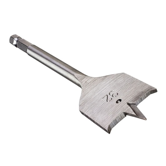 Flat wood drill bit with sharp tip and DEWALT branding, designed for fast and precise drilling.