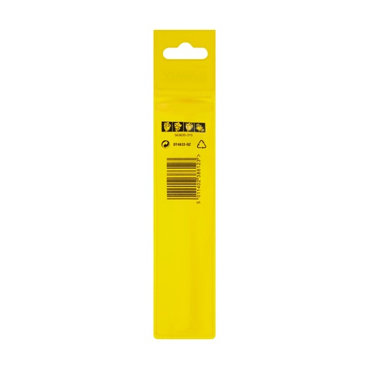 Back view of DEWALT DT4832 yellow drill bit packaging with barcode and safety icons.