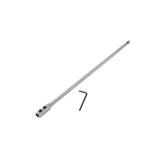 A metal drill extension bar and an L-shaped hex key tool on a white background.