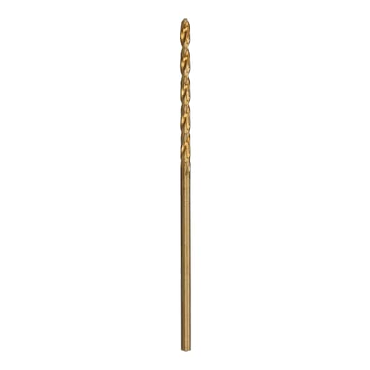 A single gold-colored twist drill bit standing vertically on a white background.
