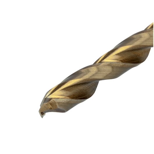 Close-up view of a DEWALT DT4924 metal drill bit with a gold-colored finish, showing the tip and part of the spiral flutes against a white background.