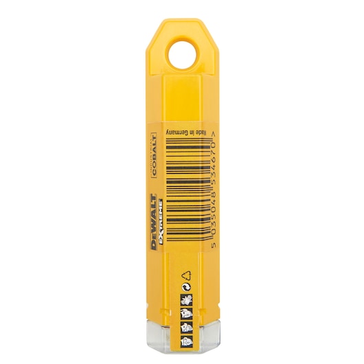 Yellow DEWALT DT4932 cobalt drill bit pack, barcode visible, made in Germany, industrial use.