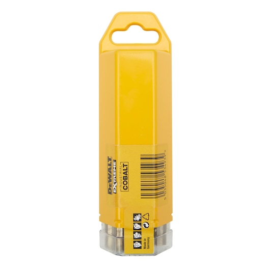 Yellow DEWALT DT4934 cobalt drill bit case with branding, barcode, and icons displayed on the label.