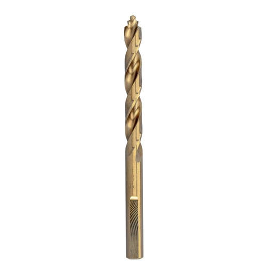 Gold-colored DEWALT DT4940 metal drill bit, straight shank, spiral flutes, used in power drills.