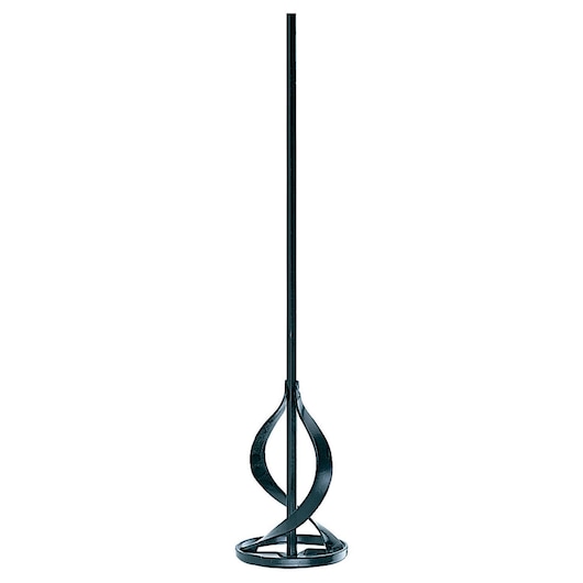 Metal mixing paddle with spiral design and long handle, used for mixing materials in construction or renovation.