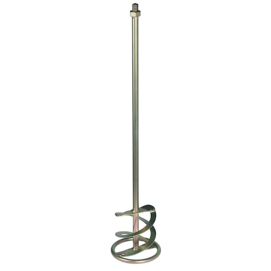 Metal mixing paddle with spiral blade, suitable for mixing paint, plaster, or mortar.