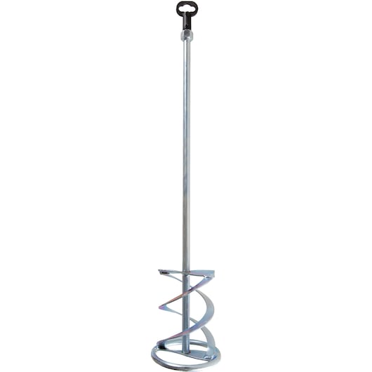Metal spiral mixing paddle for drills, used to mix paint or plaster. Long shaft with rounded handle.