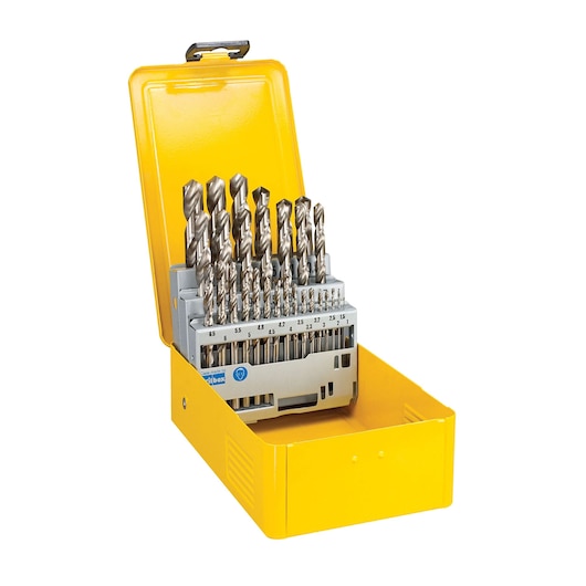 Yellow metal box with assorted drill bits, DEWALT DT5929, sizes labeled and organized for easy selection.