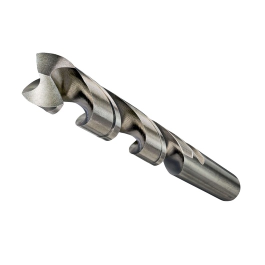 Metal drill bit with spiral grooves, used for precision drilling in various materials, shown on a white background.