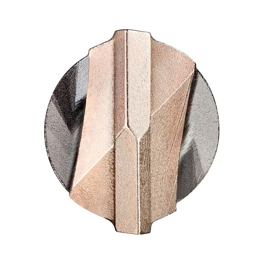 Close-up of a DEWALT drill bit tip with metallic finish, geometric shape, and sharp edges against a white background.
