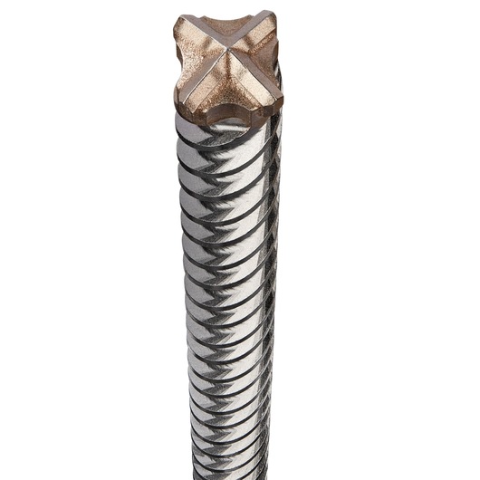 Close-up of a DEWALT DT60810 masonry drill bit with spiral grooves and a cross-shaped tip.