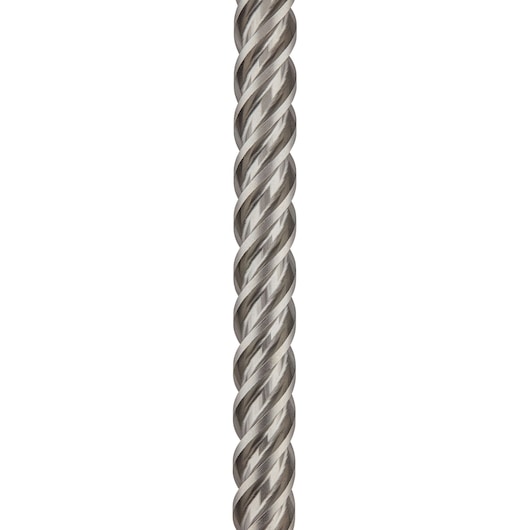Close-up of a twisted metal drill bit with spiral fluting against a white background.