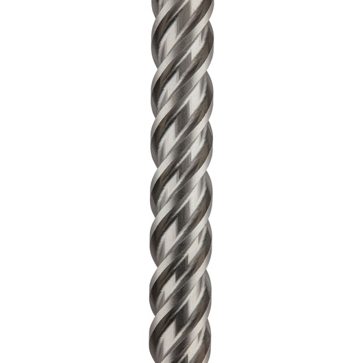 Close-up of a metallic spiral drill bit against a white background.