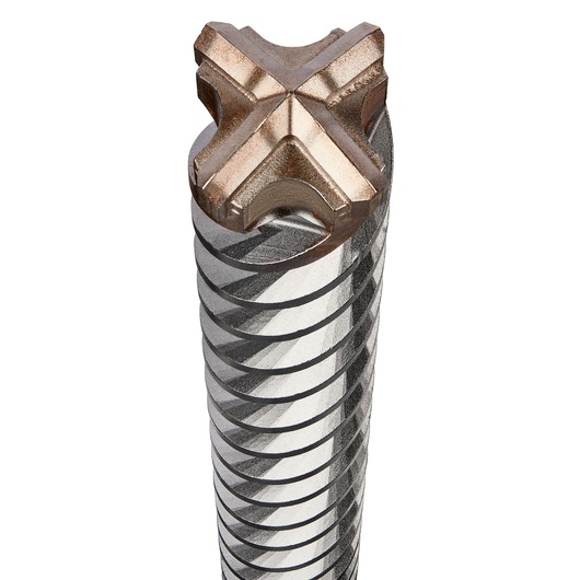 Close-up of a DEWALT DT60826 masonry drill bit with spiral grooves and cross-shaped tip.
