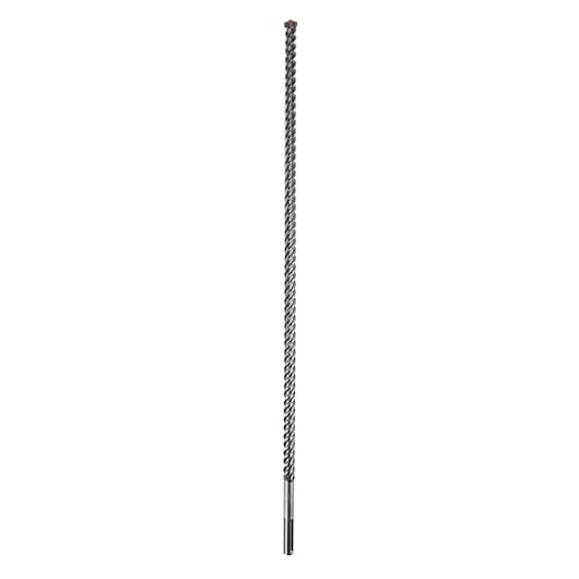 Long steel DEWALT drill bit with spiral design, shown upright on a white background.