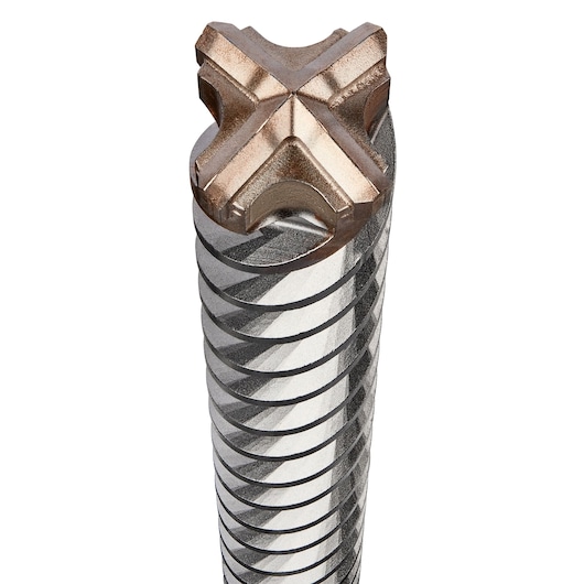 Close-up of DEWALT DT60828 heavy-duty masonry drill bit tip with spiral grooves and cross-cut head.