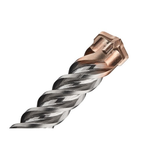 Close-up of a DEWALT metal drill bit with a spiral design and copper tip, isolated on a white background.