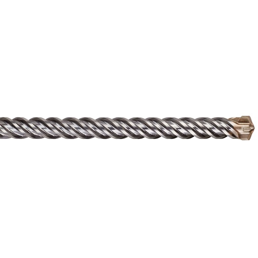 Close-up of a spiral DEWALT drill bit with a pointed tip, designed for masonry drilling.