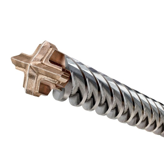 Close-up of a DEWALT spiral masonry drill bit with a carbide tip and fluted body on a white background.