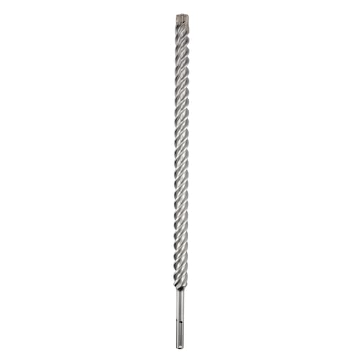 A long silver rotary hammer drill bit with spiral design, shown vertically on a white background.