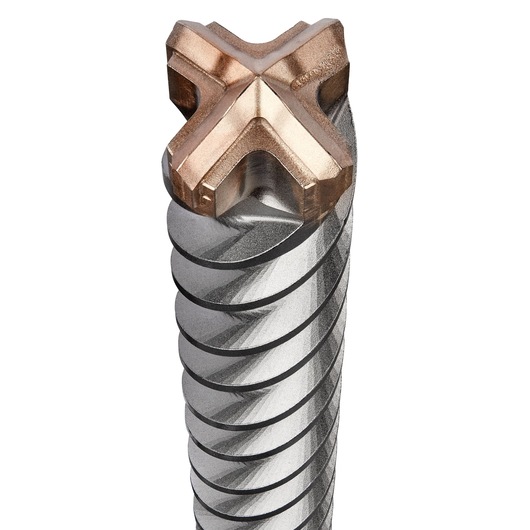 Close-up of a DEWALT DT60844 masonry drill bit with a spiral body and cross-shaped carbide tip.