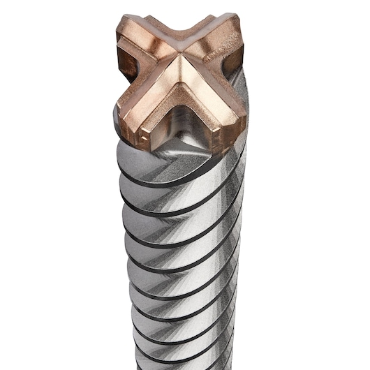 Close-up of a DEWALT DT60845 masonry drill bit with a metal spiral and a cross-shaped tip.