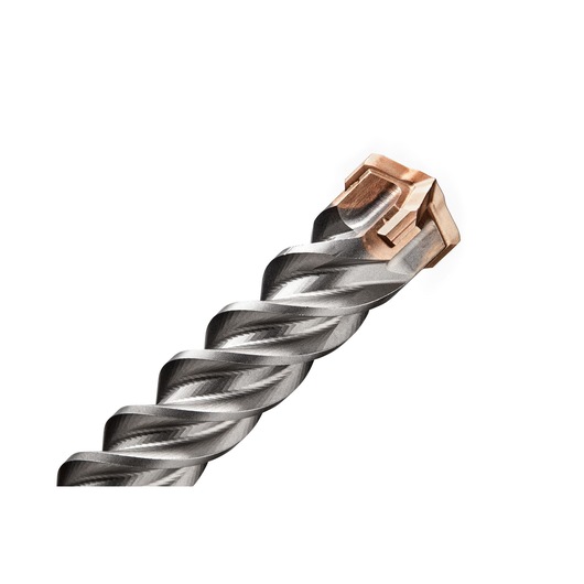 Close-up of a DEWALT metal drill bit with spiral flutes and a unique copper-colored tip on a white background.