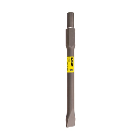 DEWALT flat chisel tool with a yellow label, suitable for masonry and demolition tasks.