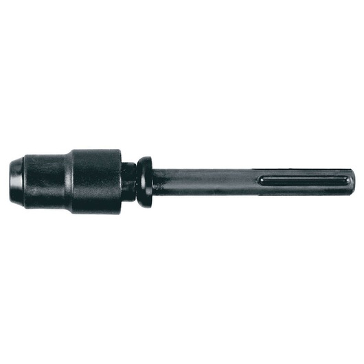 A black metal SDS-plus drill bit adapter photographed on a white background.