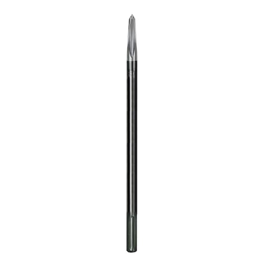 Long, metal chisel bit with pointed end for use with rotary hammer drills, shown on a white background.