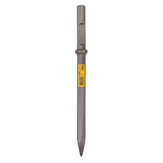 DEWALT DT6927 pointed chisel with hex shank and yellow label, designed for demolition and heavy-duty concrete work.