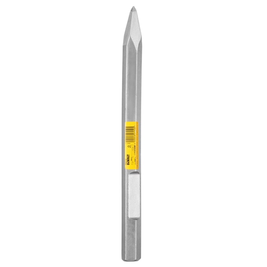 DEWALT pointed chisel DT6927 with hexagonal shaft for demolition, shown upright with yellow label.