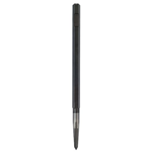 Hexagonal steel chisel with pointed tip for demolition or masonry tasks, shown vertically on a white background.
