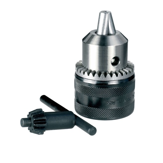 Metal drill chuck with key, DEWALT DT7012, for securely holding drill bits.