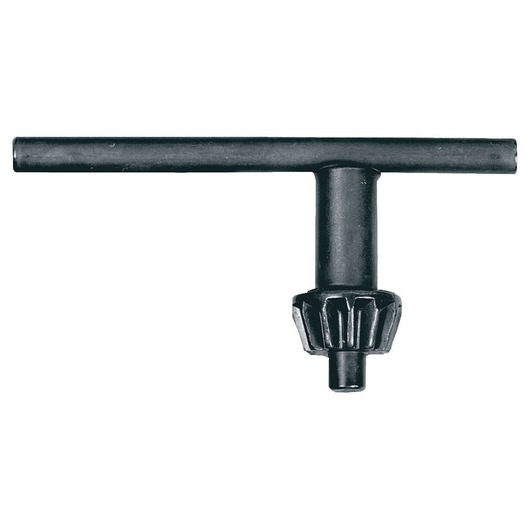 Black metal drill chuck key for tightening or loosening the chuck on a power drill.