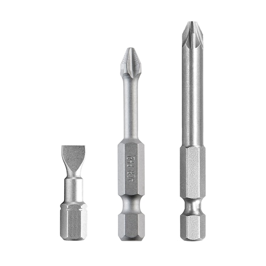 Three metallic screwdriver bits of different types and lengths are standing upright. The first bit on the left is a flathead, the middle bit is a Phillips head, and the right bit is a longer Phillips head.