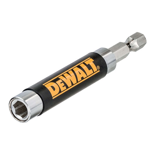 DEWALT branded socket adapter bit for power tools, black and silver with hex drive, shown on white background.