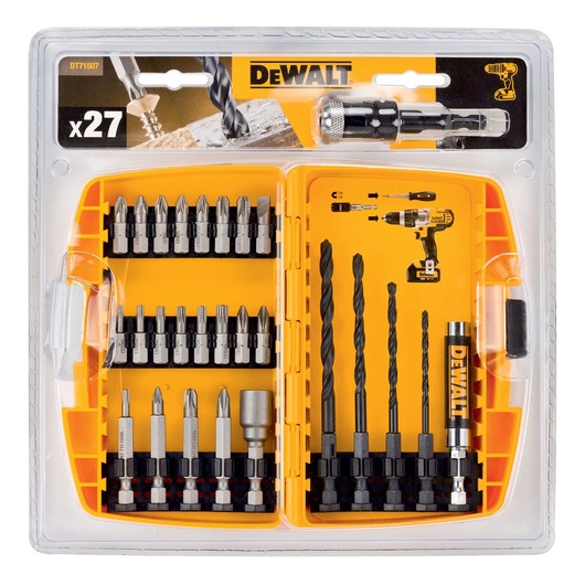 DEWALT DT71507 drill and screwdriver accessory set with 27 pieces in a plastic case.