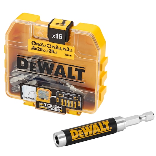 DEWALT DT71511 bit set Tough Case with 15 pieces and magnetic bit holder for screwdriving.