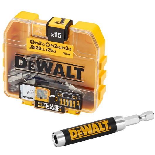 DEWALT Tough Case with 15 screwdriver bits and magnetic bit holder, model DT71511, yellow and black.