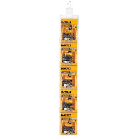 DEWALT DT71511 set of 5 drill bit packs in a hanging display strip, each with yellow and black packaging.