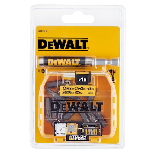 DEWALT DT71511 screwdriver bit set in clear packaging with 15 bits and a Tough Case.