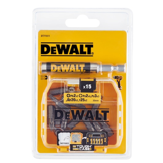 DEWALT DT71511 bit set for screwdrivers, 15 pieces in a yellow Tough Case package.