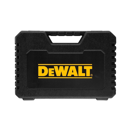 Black DEWALT hard plastic carrying case with yellow logo on the front and a handle at the top.