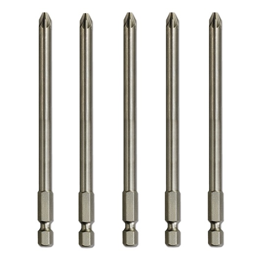 Five long DEWALT screwdriver bits are shown upright with hex shanks, arranged in a row on a white background.
