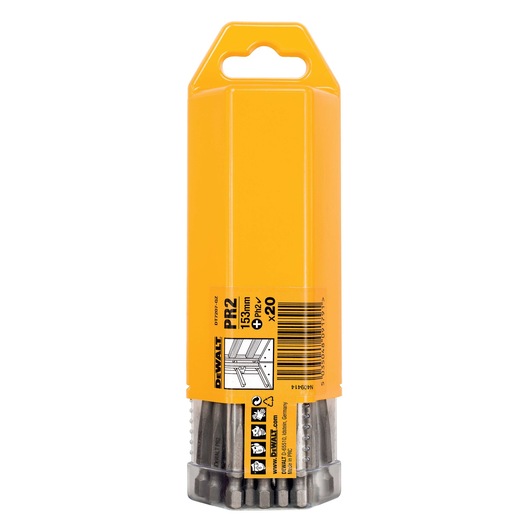 DEWALT DT7207 pack containing 20 PH2 screwdriver bits, 53mm length, inside a yellow plastic container with a transparent bottom showing the bits.