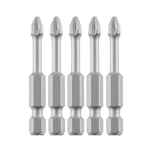 Five silver-colored Phillips screwdriver bits with hex shanks are arranged vertically in a row, designed for use with power tools.
