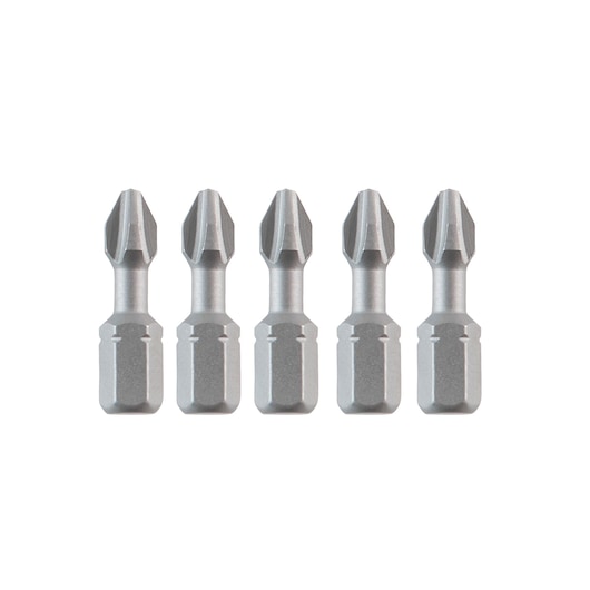 Five DEWALT Phillips screwdriver bits, aligned in a row, shown against a white background.